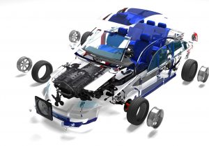 Disassembled car on a white background.